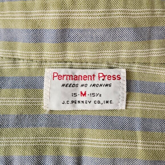 JC Penney Vintage 60s Oxford Cloth Striped Green Blue Short Sleeve Dress Shirt M - Picture 7 of 8